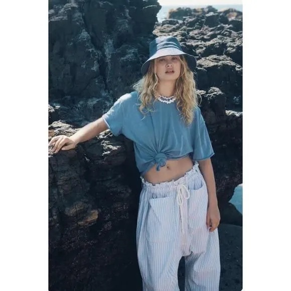 New Sz XS Free People Runyon Oversize Stripe Pant Harem Pale Blue Drawstring - Picture 2 of 9